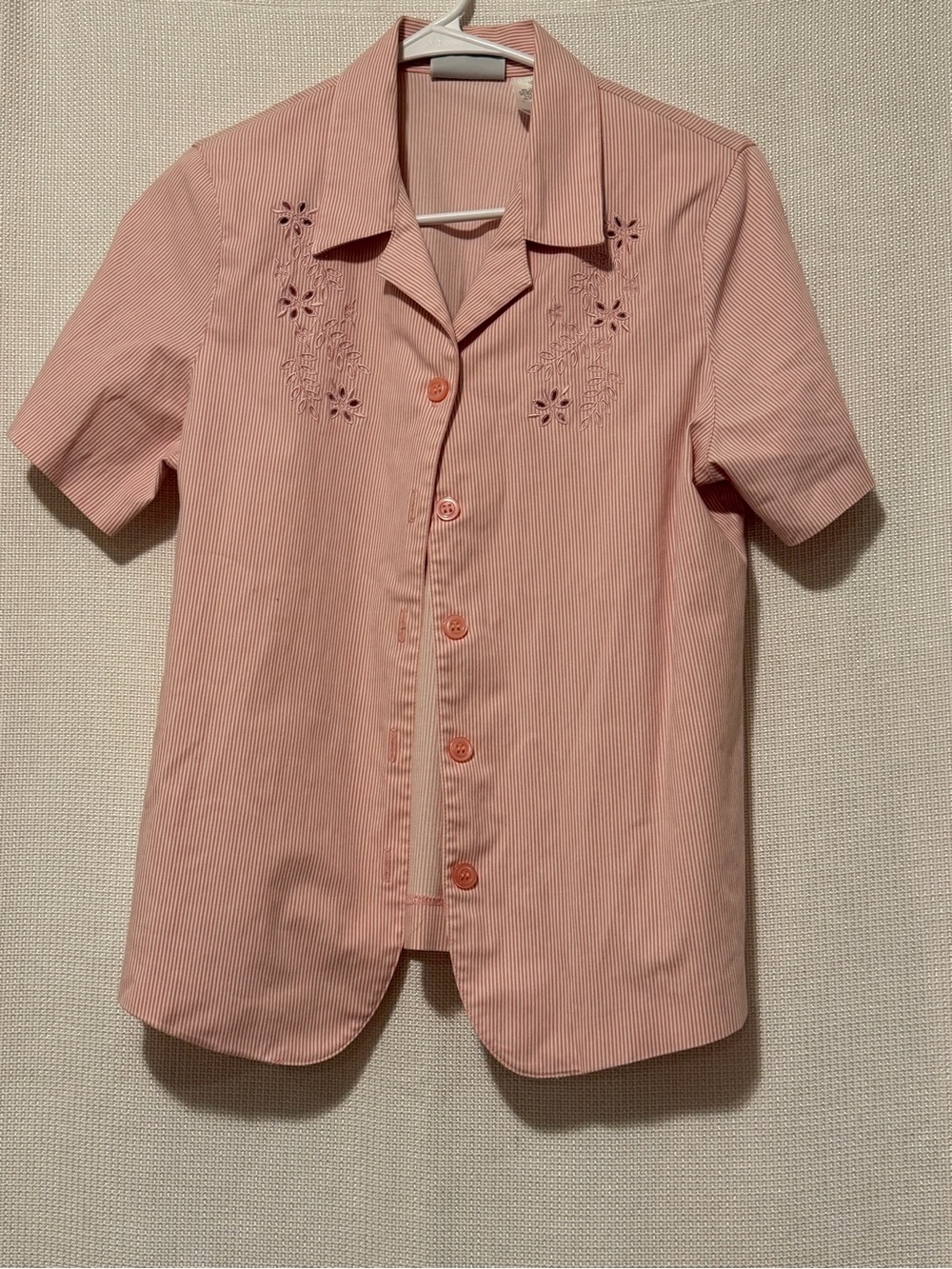 Alfred Dunner Pink Striped Short-Sleeve Button-Down with Floral Cutwork